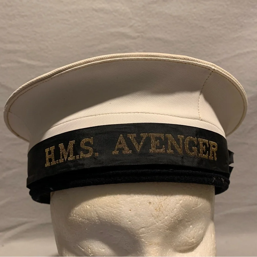 Vintage H.M.S. Avenger Sailor’s Cap Military Navy Uniform Hat White/Black